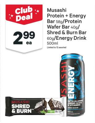 Musashi Protein + Energy Bar/Protein Wafer Bar/Shred & Burn Bar/Energy Drink
