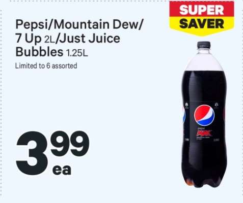 Pepsi/Mountain Dew/7 Up 2L/Just Juice Bubbles 1.25L