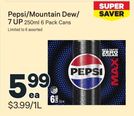 Pepsi/Mountain Dew/7 UP 250ml 6 Pack Cans